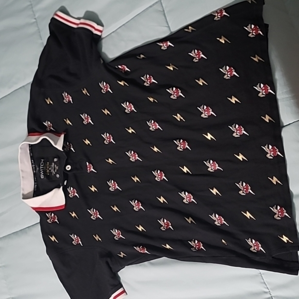 Men's Black Polo Shirt with Red & Gold Print